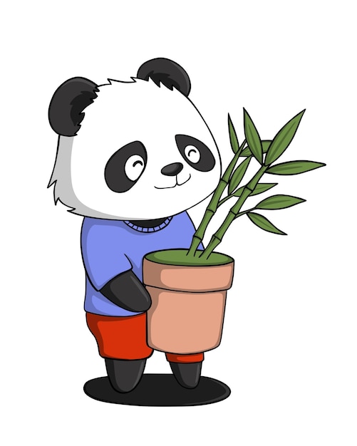 panda con una olla de plantas de bambú