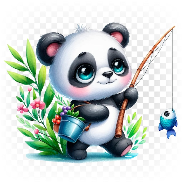 Vector panda un oso de peluche con una caña de pescar ilustración en un fondo transparente