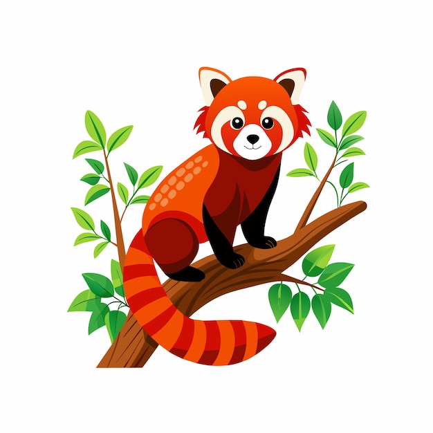 Vector un panda rojo con una cola roja se sienta en una rama de un árbol