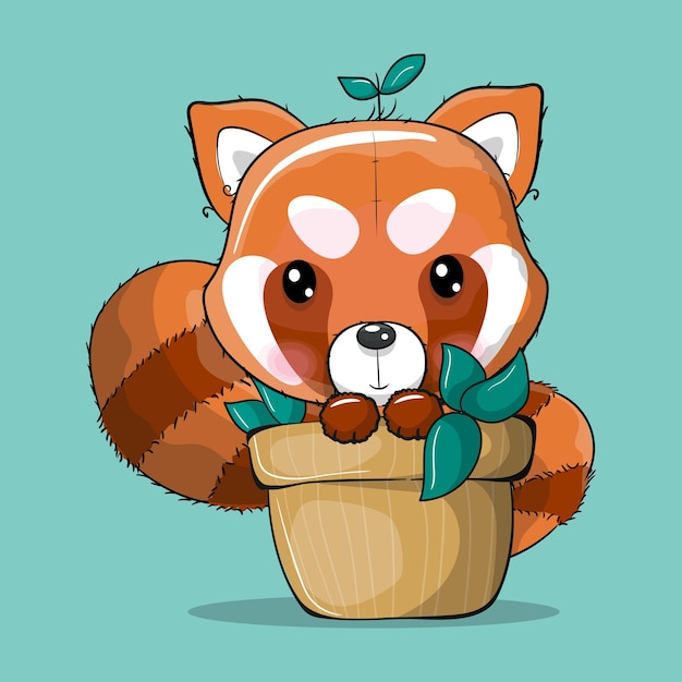Panda rojo de dibujos animados lindo en una ilustración de vector de planta