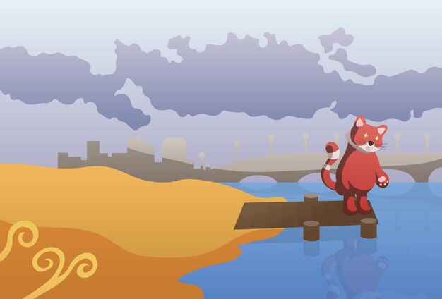 Panda rojo en otoño junto al estanque La silueta de la ciudad nubes oscuras antes de la lluvia un lindo animal