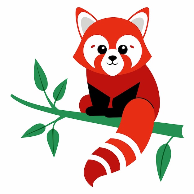 un panda rojo posado en una rama nevada masticando hojas de bambú