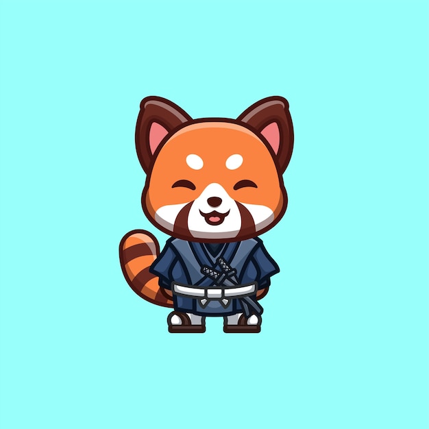 Panda rojo samurai cute creative kawaii cartoon mascot logo