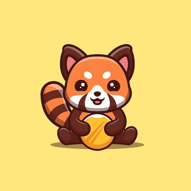 Panda rojo sentado Moneda de oro Logotipo de mascota de dibujos animados Kawaii creativo lindo