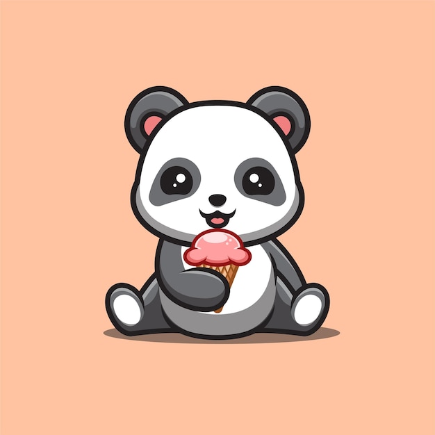 Panda sentado comiendo helado Cute Creative Kawaii Cartoon Mascot Logo