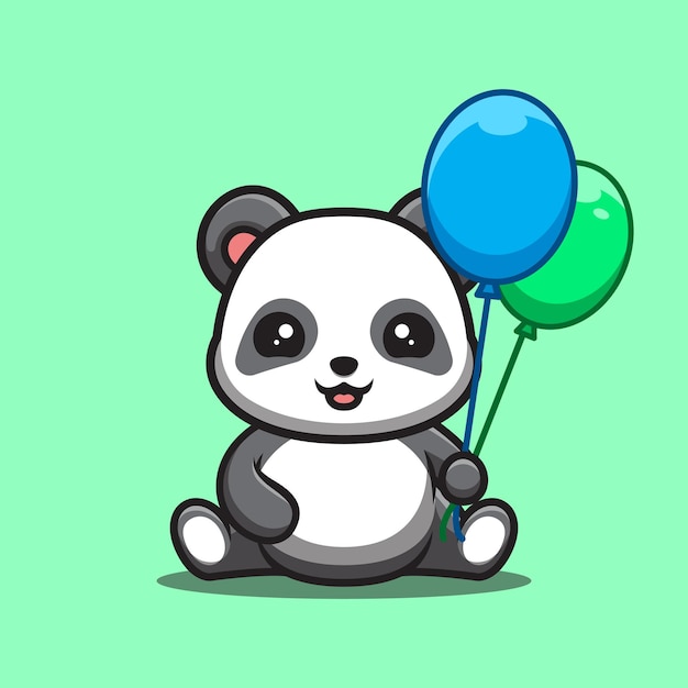Panda Sentado Sostenga Globo Lindo Creativo Kawaii Dibujos Animados Mascot Logo