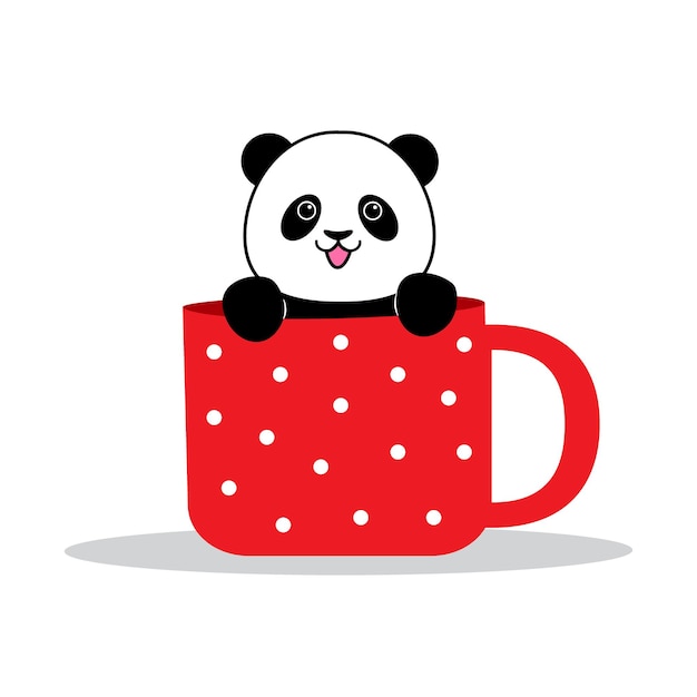 Panda se sienta en una taza. Elemento de diseño para tarjetas de baby shower, álbumes de recortes, invitaciones, artículos para bebés y accesorios infantiles. Aislado sobre fondo blanco. Ilustración vectorial.