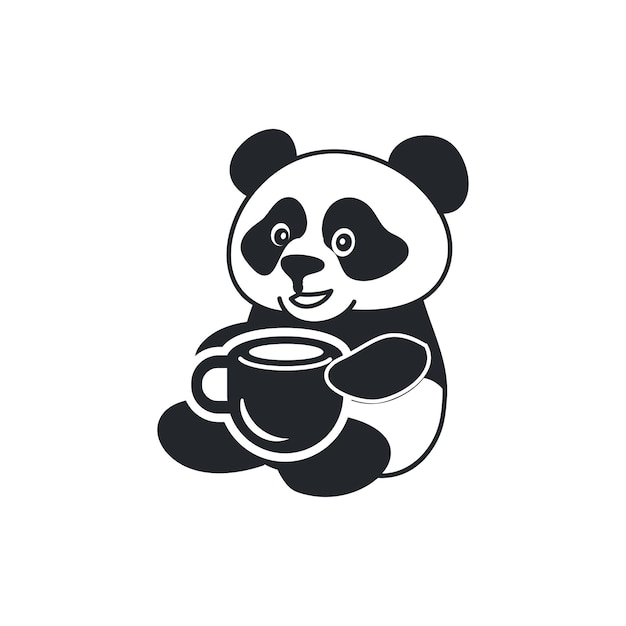 Vector panda sosteniendo una taza de café logotipo de silueta de oso panda