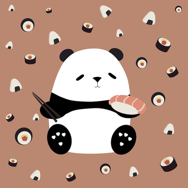 Panda sostiene palillos y sushi al estilo anime. Comida asiática, sushi, rollos, pescado, onigiri. Impresión, afiche