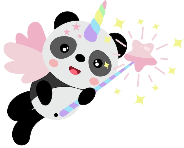 Panda unicornio con alas sosteniendo una varita mágica estrella