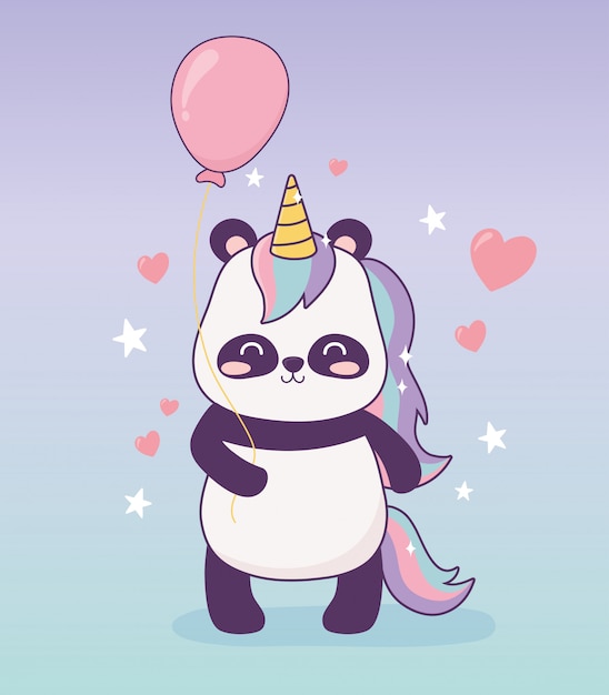 Panda con unicornio globo decoración dibujos animados mágico