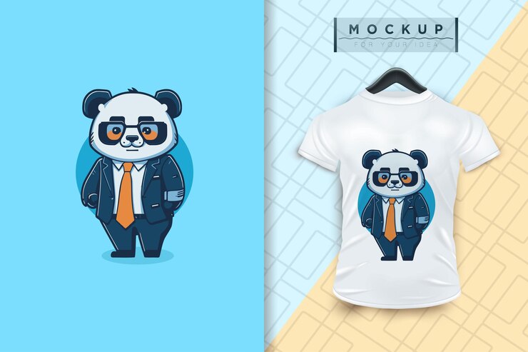 Un panda con un uniforme como un oficinista y un hombre de negocios con un diseño de caricatura plana