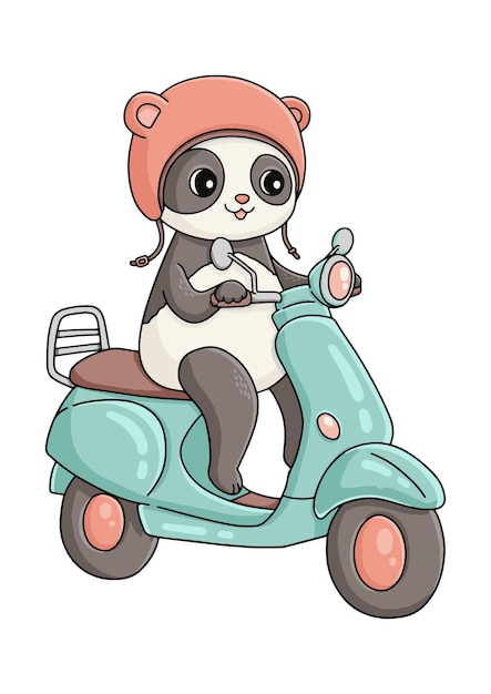 Panda de verano en ciclomotor azul en ilustración de vector de casco rosa