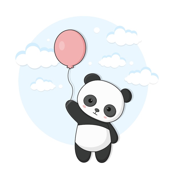 Vector panda vuela con globo en diseño plano.