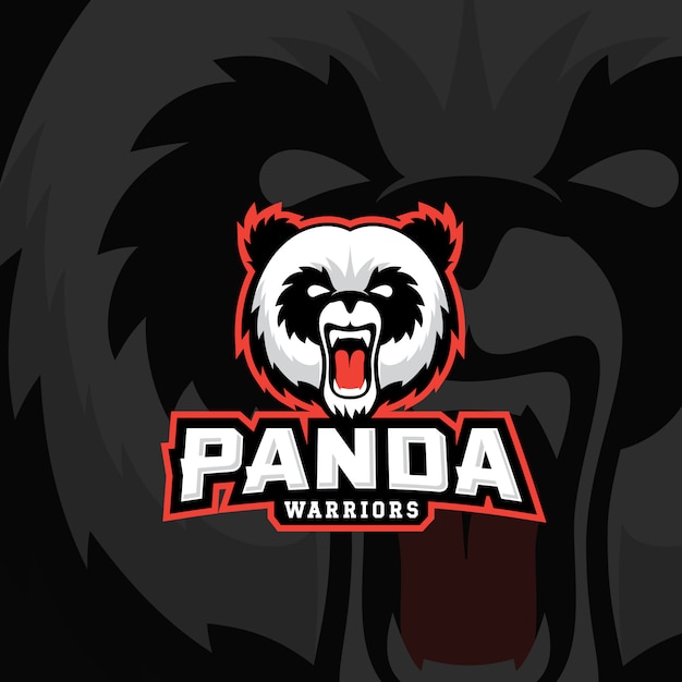 Panda Warriors, emblema o plantilla de logotipo. Etiqueta de mascota del equipo deportivo. Cara de oso enojado con tipografía.