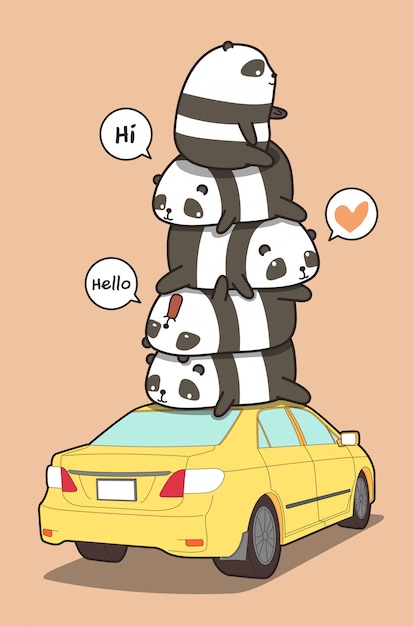 Pandas en el coche amarillo en estilo de dibujos animados.