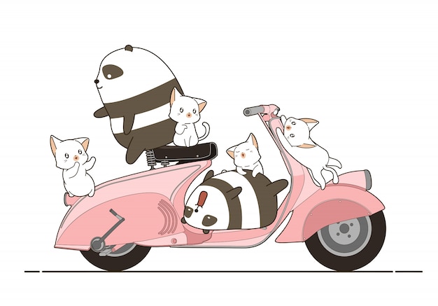 Pandas y gatos con moto en estilo cartoon.