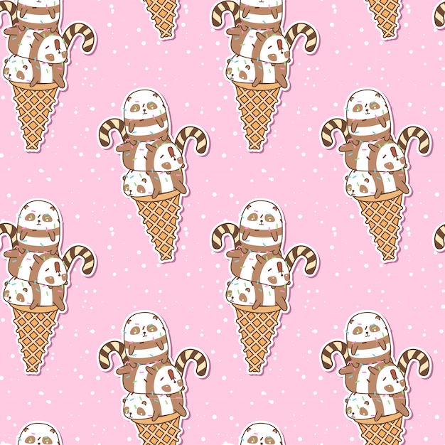 Pandas kawaii sin fisuras en el patrón de cono de helado