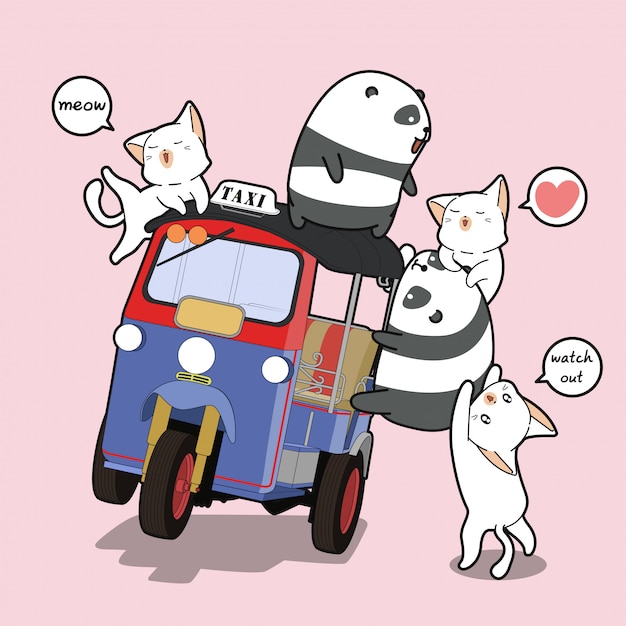 Pandas kawaii y gatos con triciclo a motor.