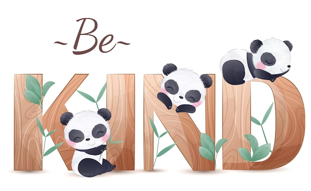 Pandas y pandas en letras de madera que dicen ser amables.