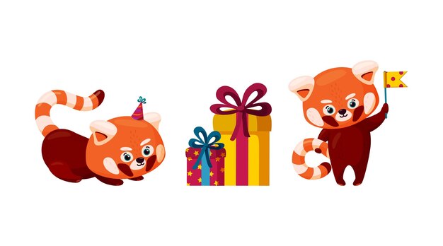 Pandas rojos listos para una fiesta de cumpleaños Panda rojo con sombreros de cumpleaños regalos y banderas Vector colorido