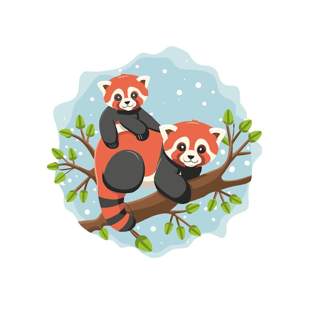 Vector pandas rojos en las ramas de los árboles