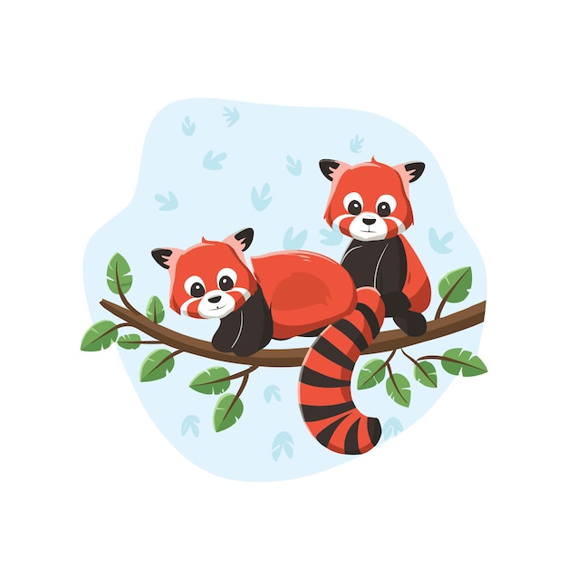 Vector pandas rojos en las ramas de los árboles