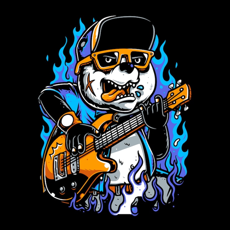 Vector pandas con sombreros tocando la guitarra