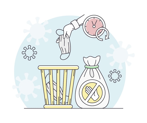 Pandemia con máscaras desechables arrojadas a la basura como ilustración vectorial de la línea de medidas de seguridad