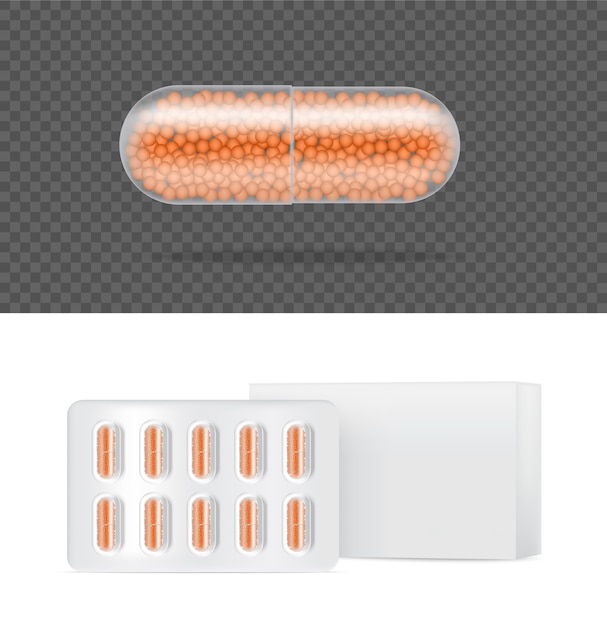 Vector panel de cápsula de medicina de píldora transparente realista