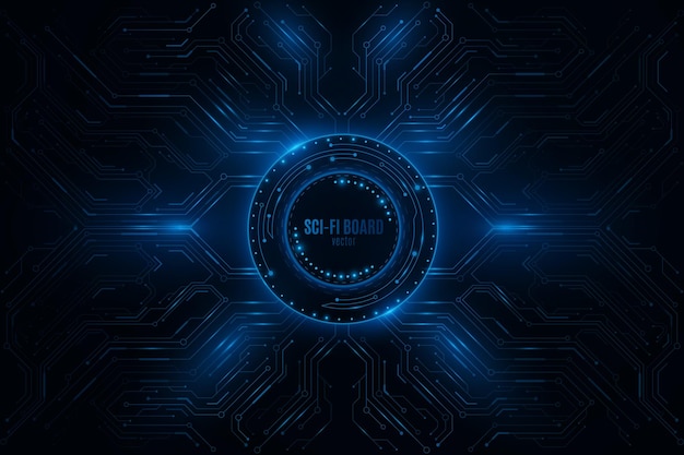 Panel de ciencia ficción brillante con HUD redondo y placa de circuito de computadora Banner futurista de alta tecnología Ilustración vectorial
