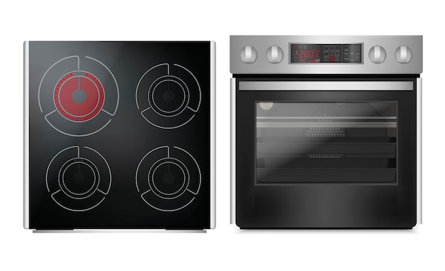Panel de cocción por inducción 3D realista y detallado con vector de conjunto de horno
