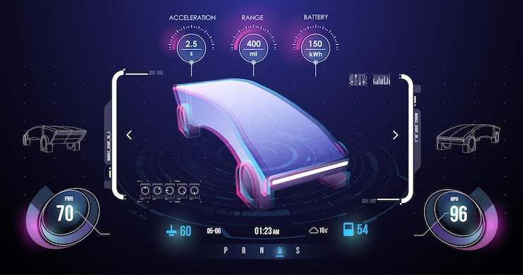 Vector panel de control de automóvil deportivo moderno con pantalla de navegación cabina de automóvil autónomo futurista interfaz de usuario táctil gráfica virtual abstracta servicio de automóvil diseño moderno diagnóstico auto