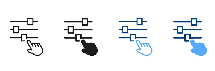 Vector panel de control de colección de símbolos de ajuste multimedia y conjunto de iconos de línea de puntero y silueta