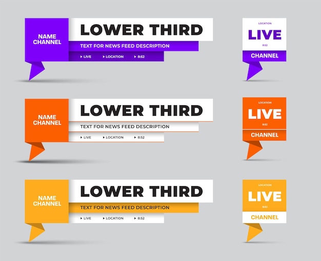 Panel de control rectangular inferior del vector con pata de origami amarillo naranja púrpura para el nombre del canal de texto Plantilla de línea de noticias para medios de televisión Encabezado establecido en la pantalla Ilustración para el concepto de negocio