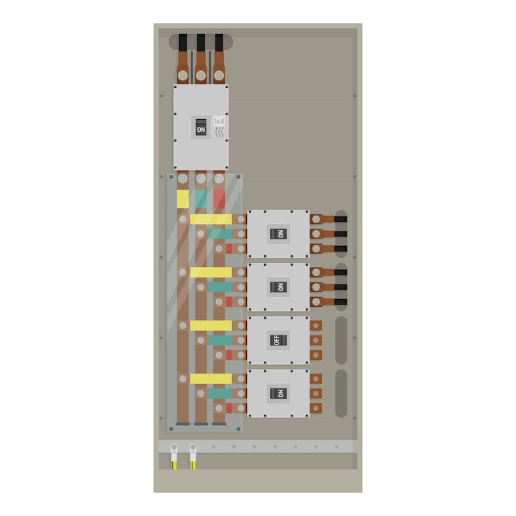 Vector panel de distribución eléctrica industrial con interruptores de circuito y barras de bus de cobre