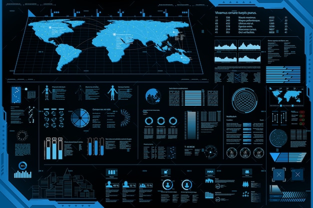 Panel de elementos futuristas. Información de análisis de datos del mapa mundial