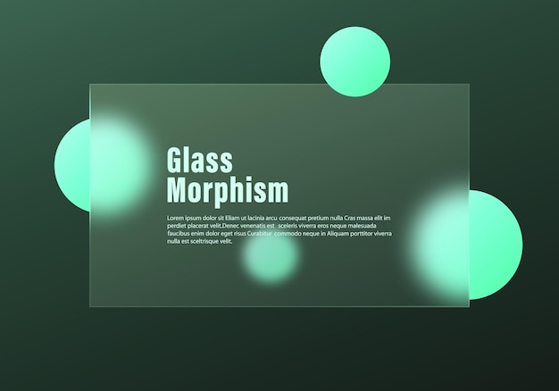 Panel de glassmorphism con esferas brillantes sobre un fondo verde oscuro