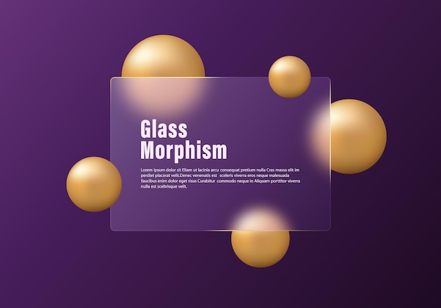 Panel de glassmorphism con esferas doradas en un fondo púrpura profundo