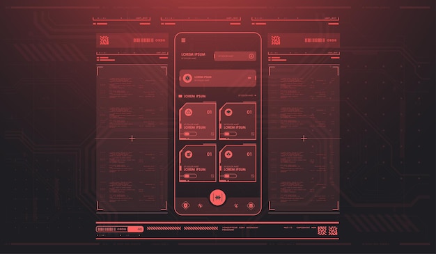 El panel de instrumentos de HUD futurista muestra la pantalla de tecnología de realidad virtual, la pantalla de UI de juego, la interfaz de usuario de tecnología digital abstracta y la interfaz virtual HUD FUI futurista.
