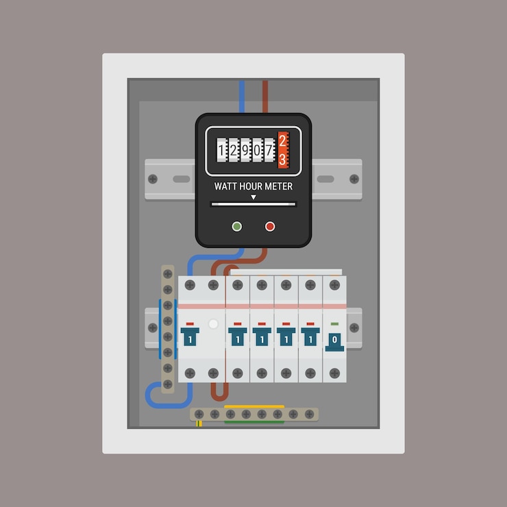 Vector panel de interruptor eléctrico con medidor de vatios instalado y múltiples interruptores
