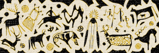 Panel sobre el tema étnico una serie de petroglifos pinturas rupestres diseño vectorial