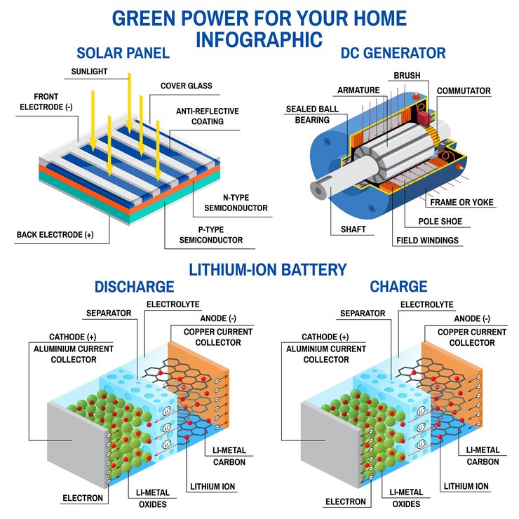 Vector panel solar generador de corriente continua y batería de litio