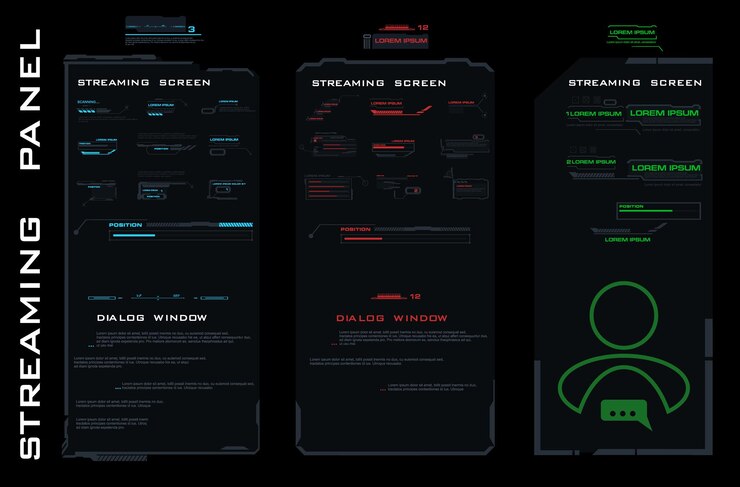 Vector panel de transmisión pantalla de transmisión conjunto de elementos de interfaz hud de diálogo modernos tableros de información