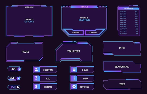 Paneles y botones de interfaz de usuario futuristas digitales, transmisión en vivo del juego. Los marcos de neón HUD, la tabla de clasificación, el menú y las barras para la transmisión de video muestran el conjunto de vectores. Interfaz de alta tecnología o visualización de elementos aislados.