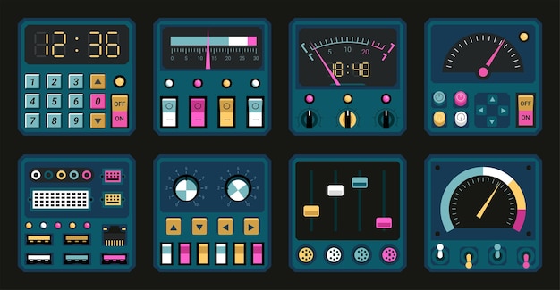 Vector paneles de control pc retro y tablero de radio con interruptores y botones puertos de conexión sintonizadores y diales plantillas de interfaz de computadora antiguas elementos de interfaz de usuario de dispositivos eléctricos conjunto de tableros de consola vectorial