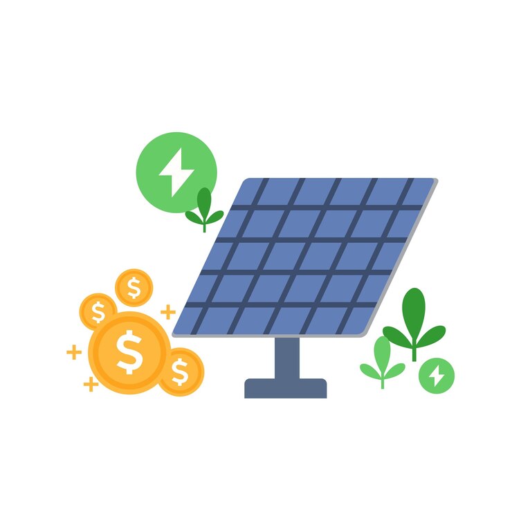 Vector paneles fotovoltaicos para ahorrar dinero en dólares concepto de energía renovable ilustración vectorial aislado en blanco