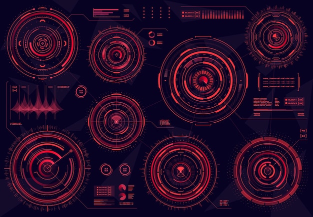 Paneles de interfaz web circulares rojos futuristas de HUD