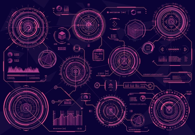 Paneles de interfaz web circulares rojos futuristas de HUD