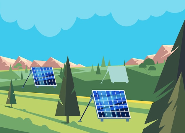 Paneles solares en el concepto de campo Diseño gráfico plano vectorial Ilustración de dibujos animados